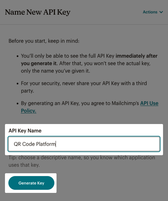Screenshot: Highlighted input field "API Key Name" and button "Generate Key"