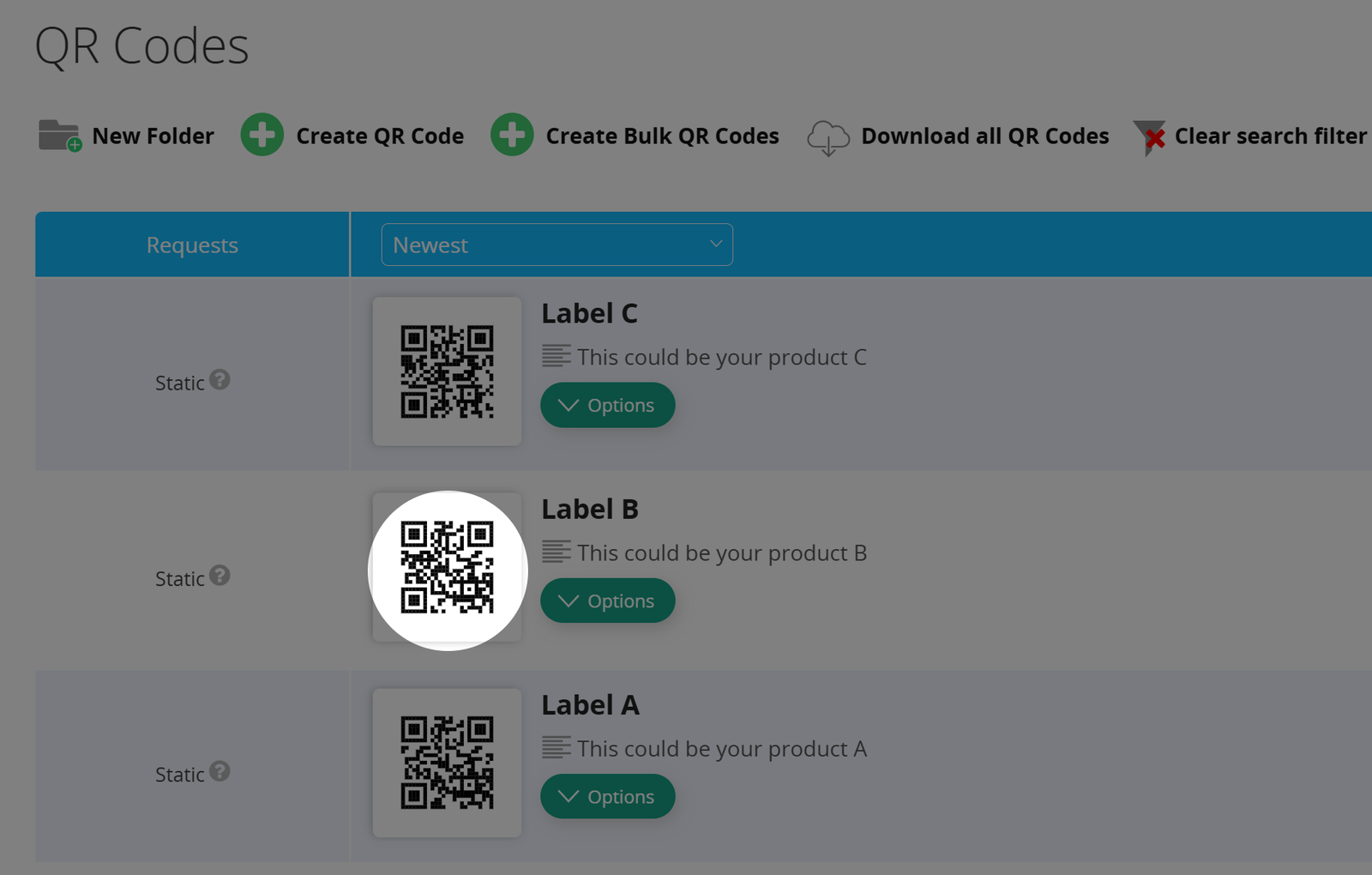 Screenshot of QR Code list overview 