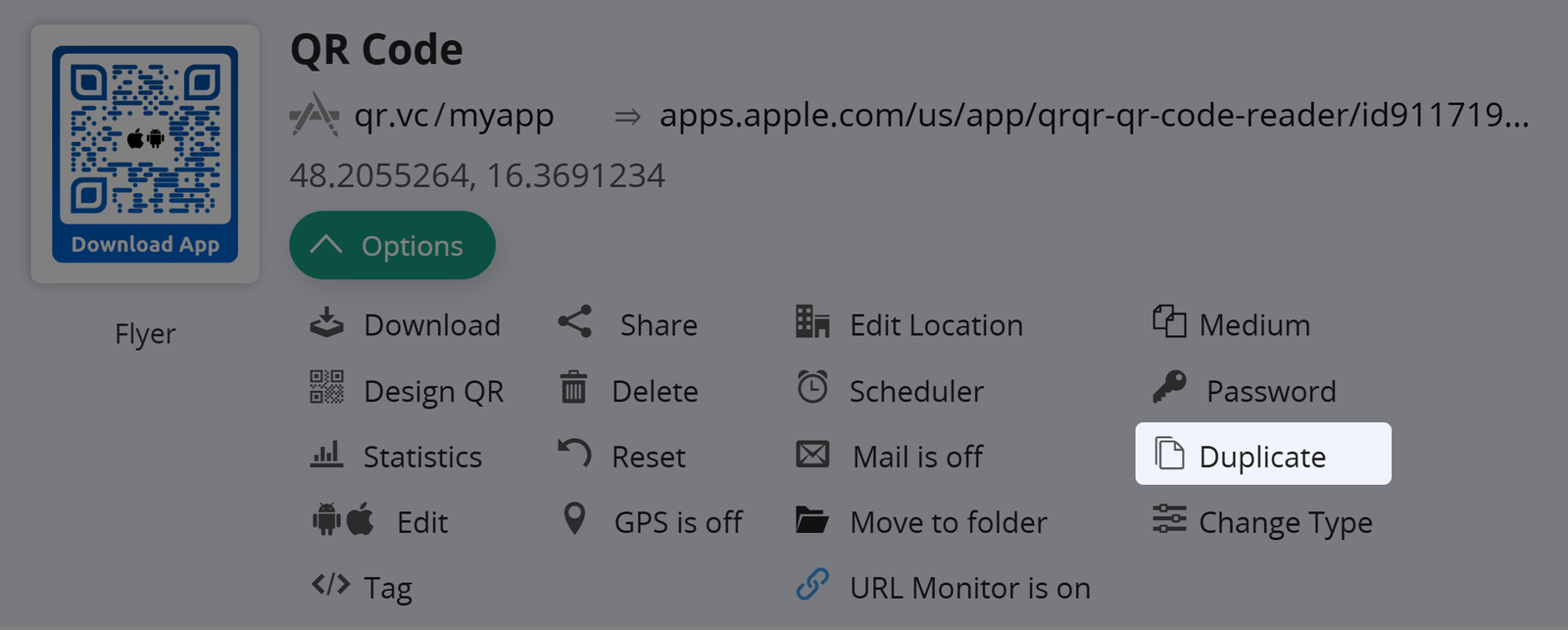 Captura de pantalla del botón "Duplicar" en la pestaña Opciones de un Código QR 