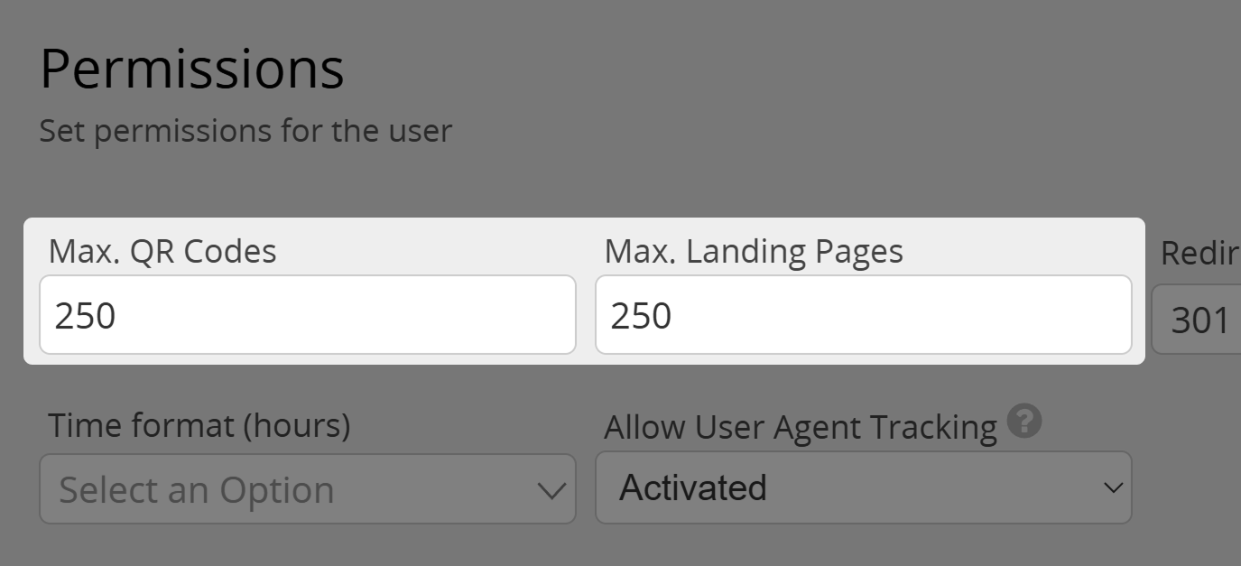 Screenshot of settings "Max. QR Codes" and "Max. Landing Pages" in user permissions menu 