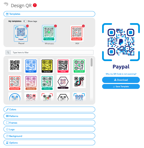 Captura de pantalla del botón "Guardar Plantilla" en la Herramienta de Diseño QR 