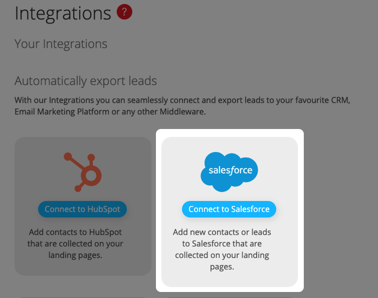 Screenshot: Integration overview with highlighted integration "Connect to Salesforce"