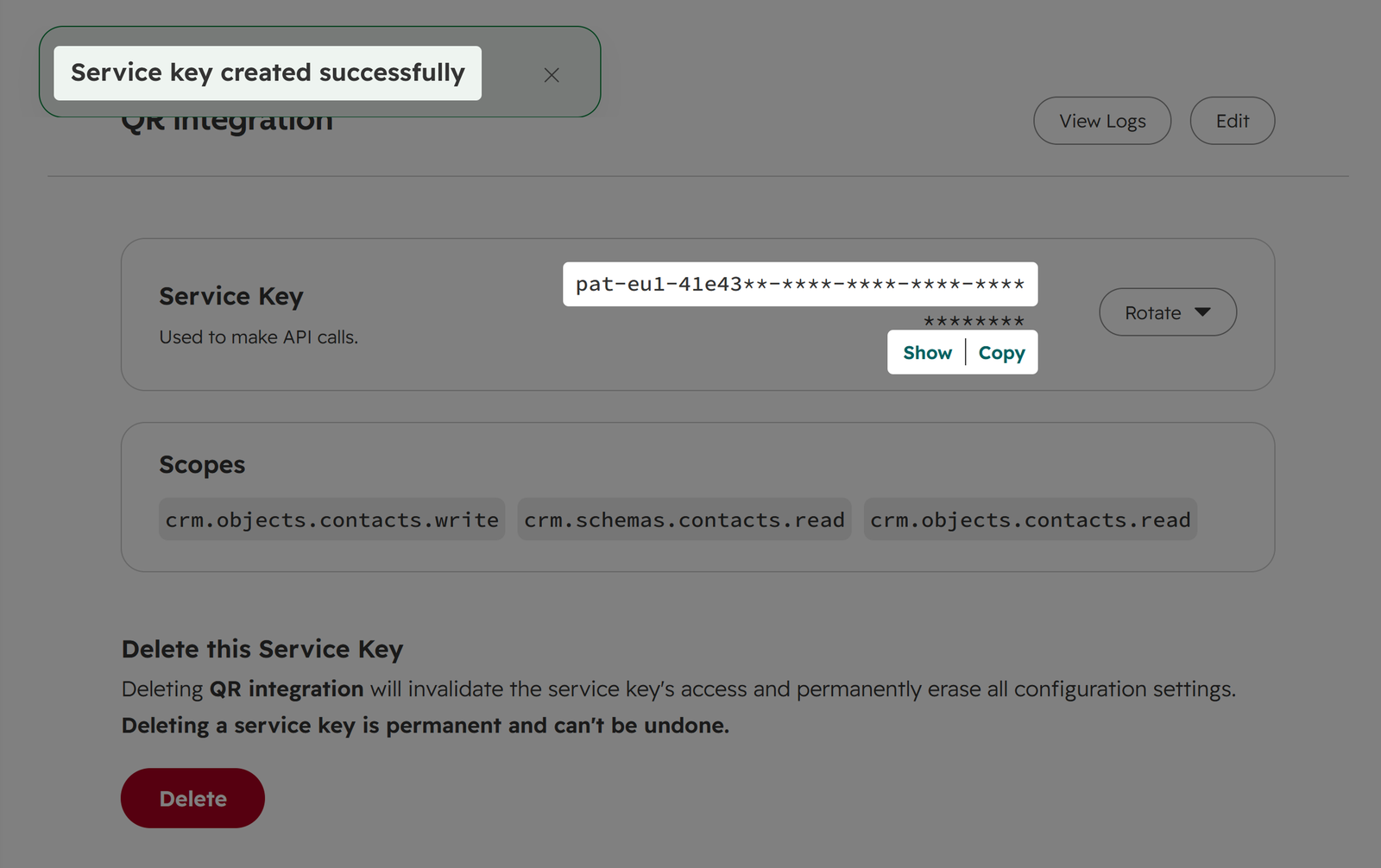 Screenshot: highlighted API Token