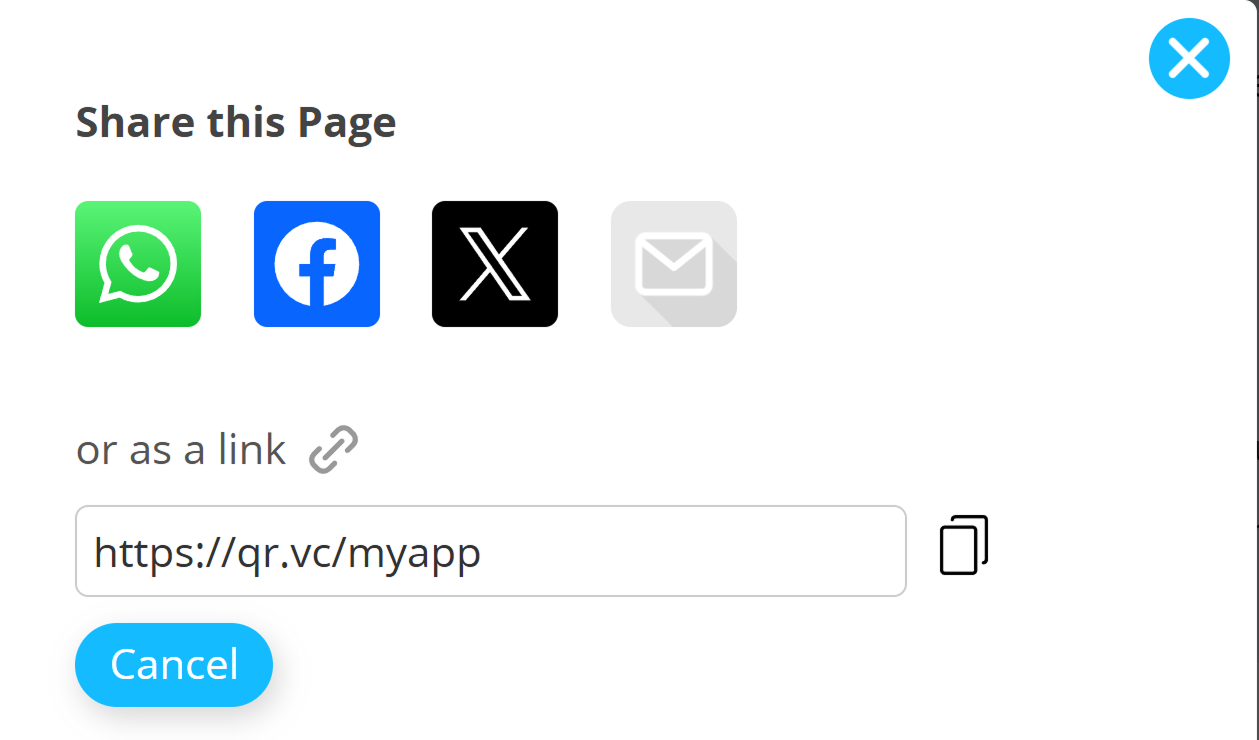 Captura de pantalla de varias opciones para compartir una URL corta 