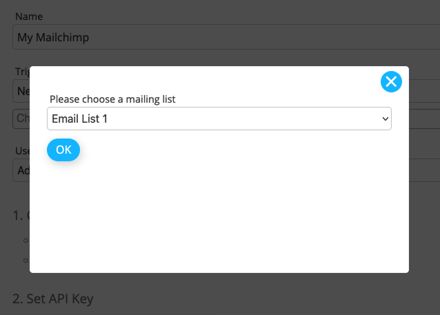 Screenshot: Popup with drop down for choosing an Email List highlighted