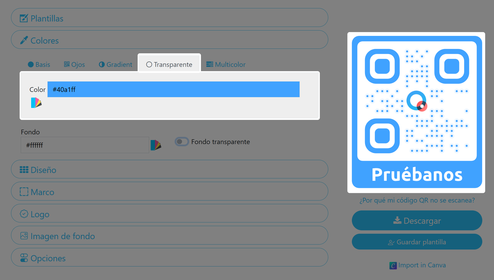 Captura de pantalla del menú de transparencia del código QR 