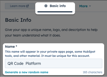 Screenshot: Highlighted input field "Name" and "Basic info" tab