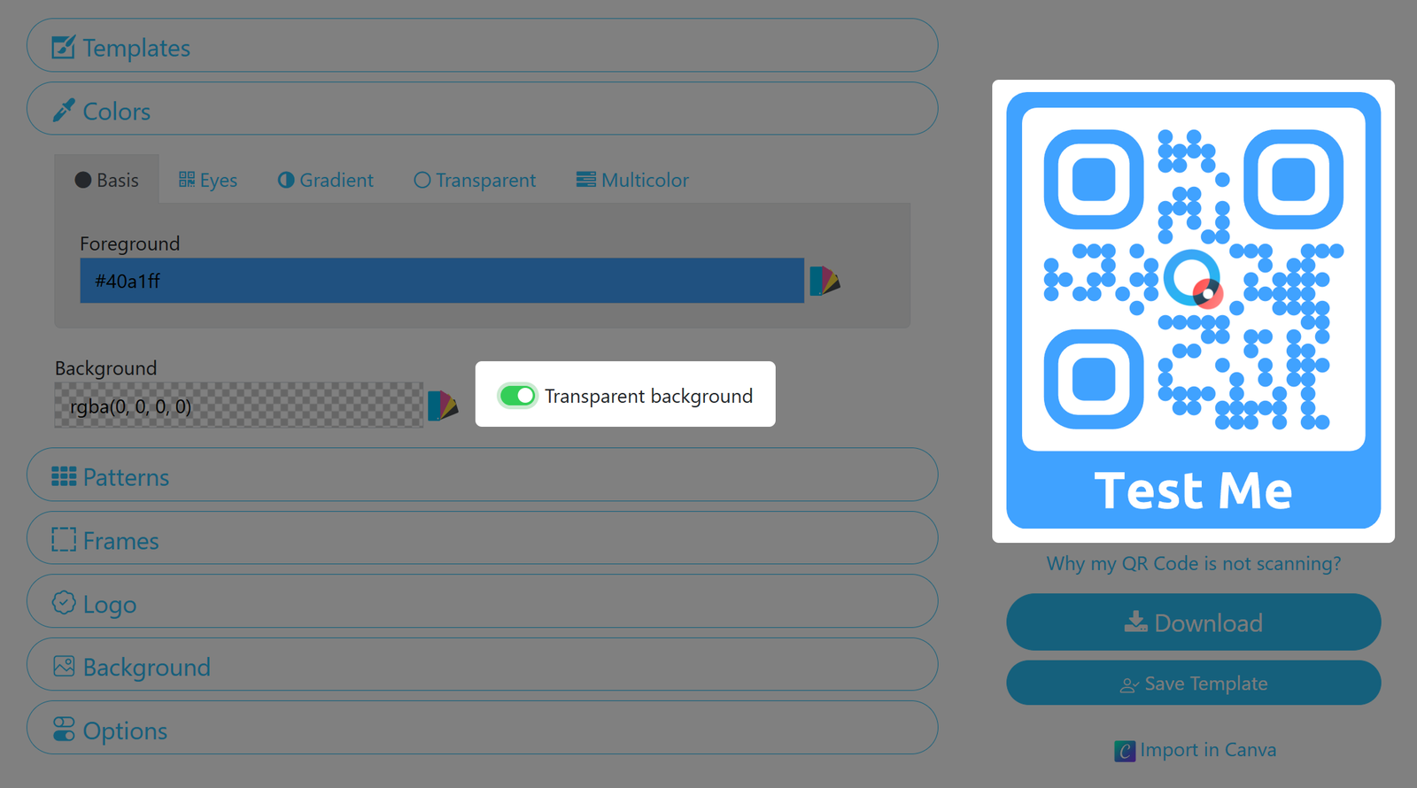 Screenshot of QR Code transparent background option 