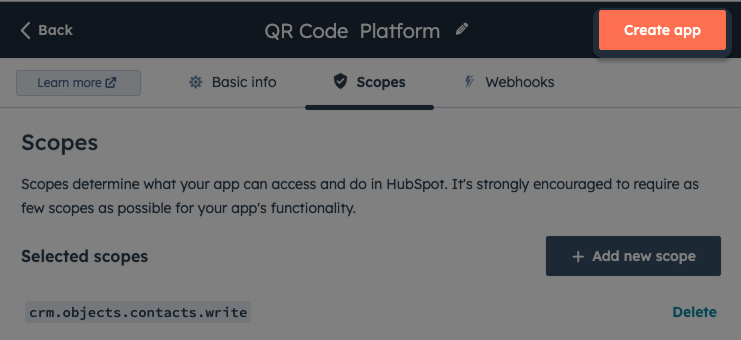 Screenshot: highlighted Create app button