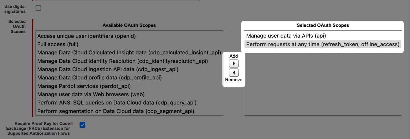 Screenshot: Highlighted Selected OAuth Scopes and Add Scope button