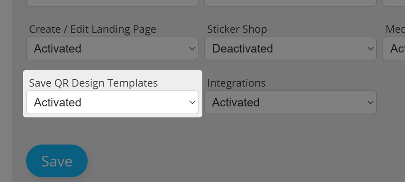 Screenshot of setting "Save QR Design Templates" in User Permissions Menu 