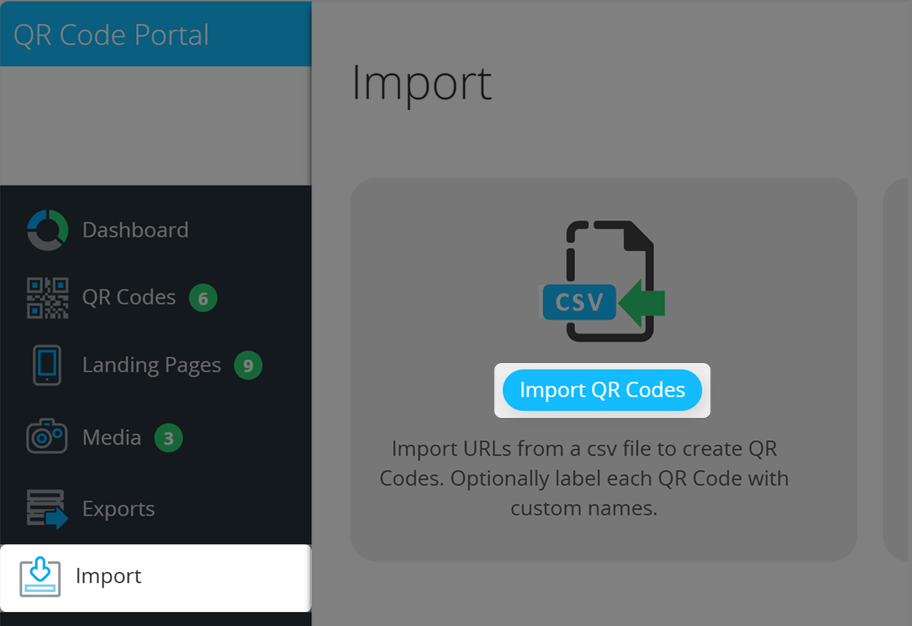 Screenshot of Import Page and Button "Import QR Codes" 