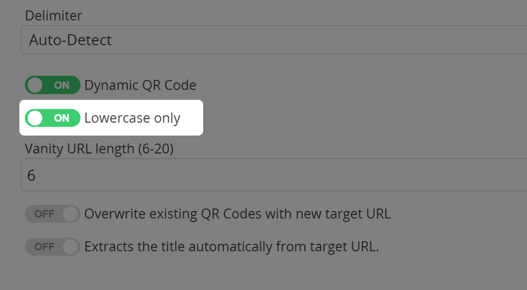 Screenshot of option "Lowercase only" when importing QR Codes 