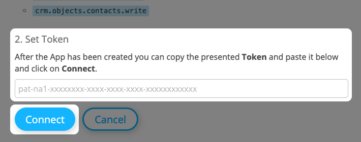 Screenshot: Integration form for Hubspot with highlighted HubSpot API token and "Connect" button