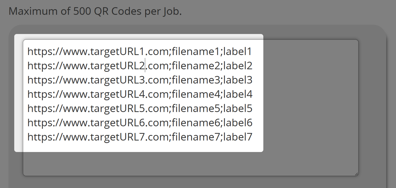 Captura de pantalla del campo de entrada para las URL de destino en Generador masivo de códigos QR 