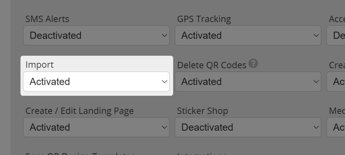 Screenshot of setting "Import" in User Permissions Menu 