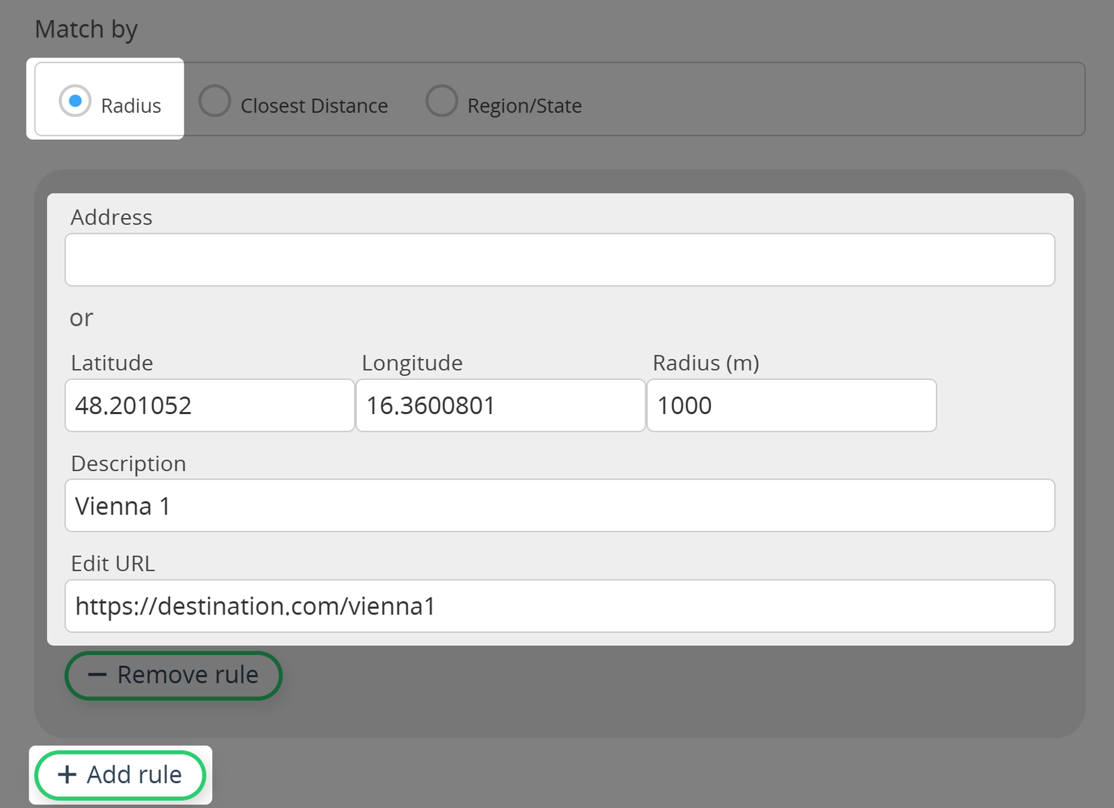Pantalla de reglas de Geo-Fencing basadas en un radio definido 