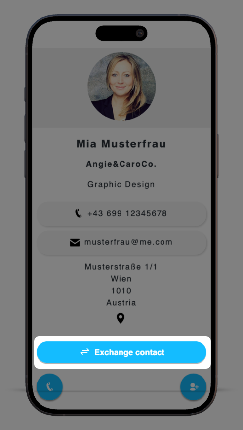 Screenshot: Business Card with highlighted button "Exchange contact"