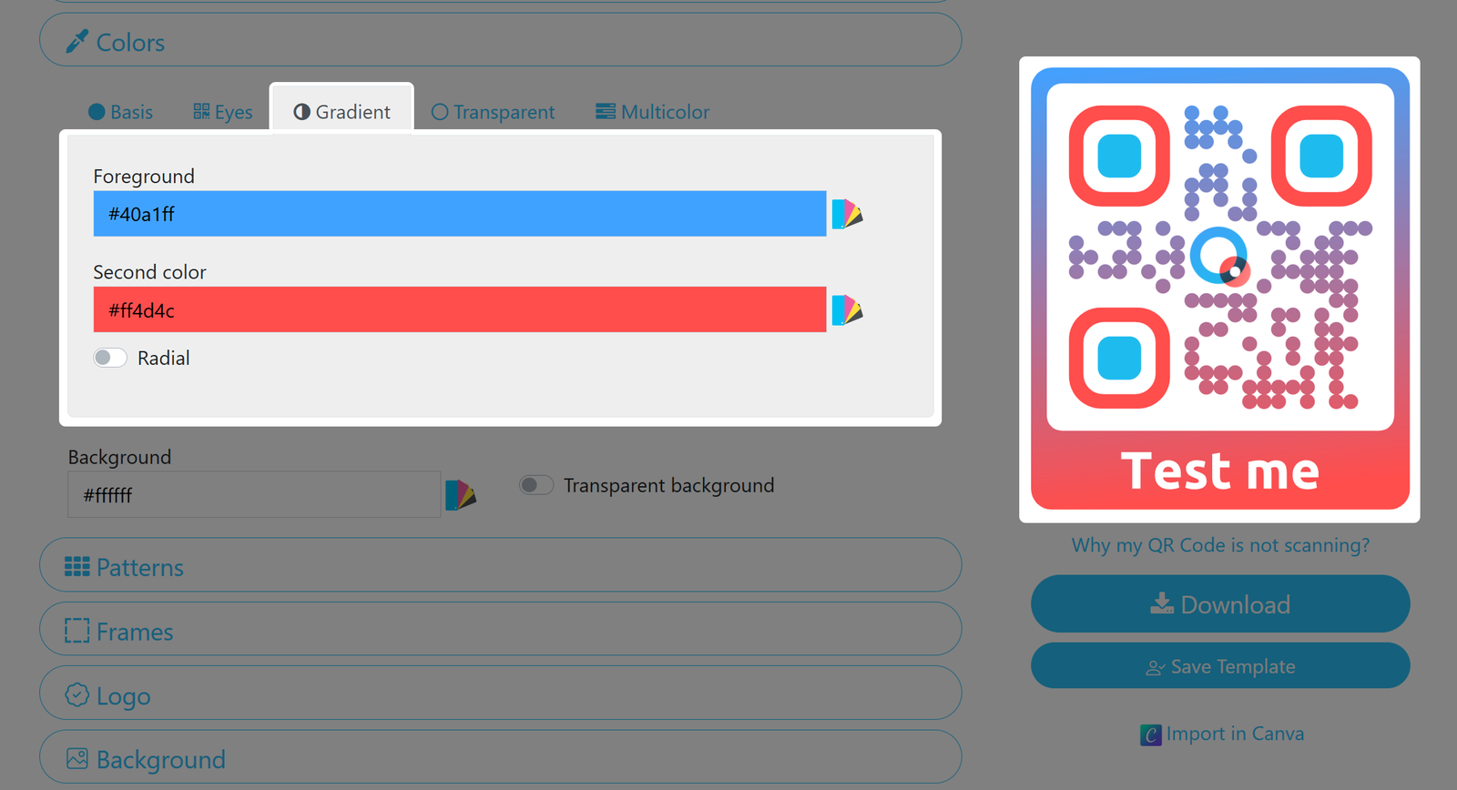 Screenshot of QR Code gradiant color menu 