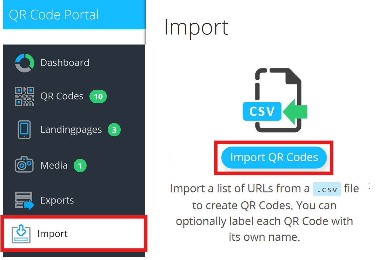 Captura de pantalla con el botón "Importar" en el menú de navegación e "Importar Códigos QR" 