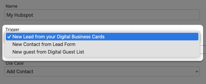 Screenshot: Integration form for Hubspot with Trigger event list