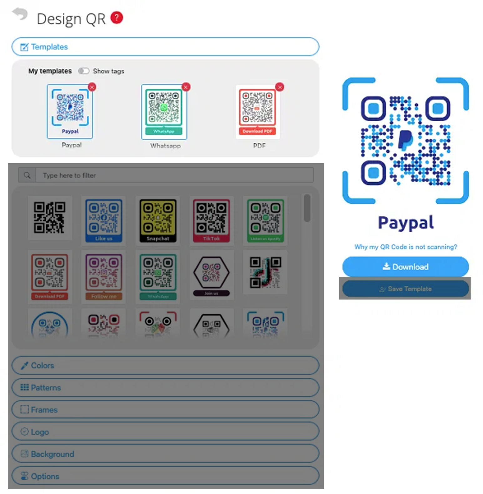Captura de pantalla de la Herramienta de Diseño QR con el botón "Guardar Plantilla" oculto 