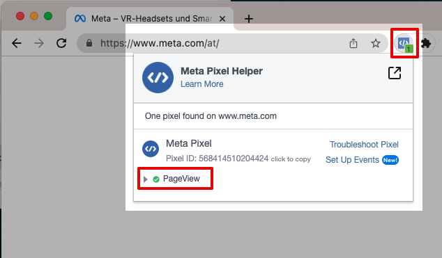 Meta Pixel Helper extension dialog 
