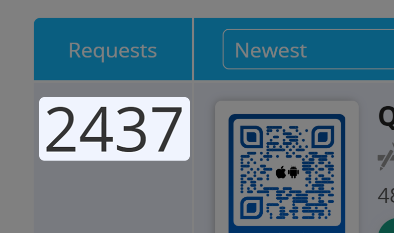 Captura de pantalla del número de solicitudes de un Código QR en Descripción general del Código QR 