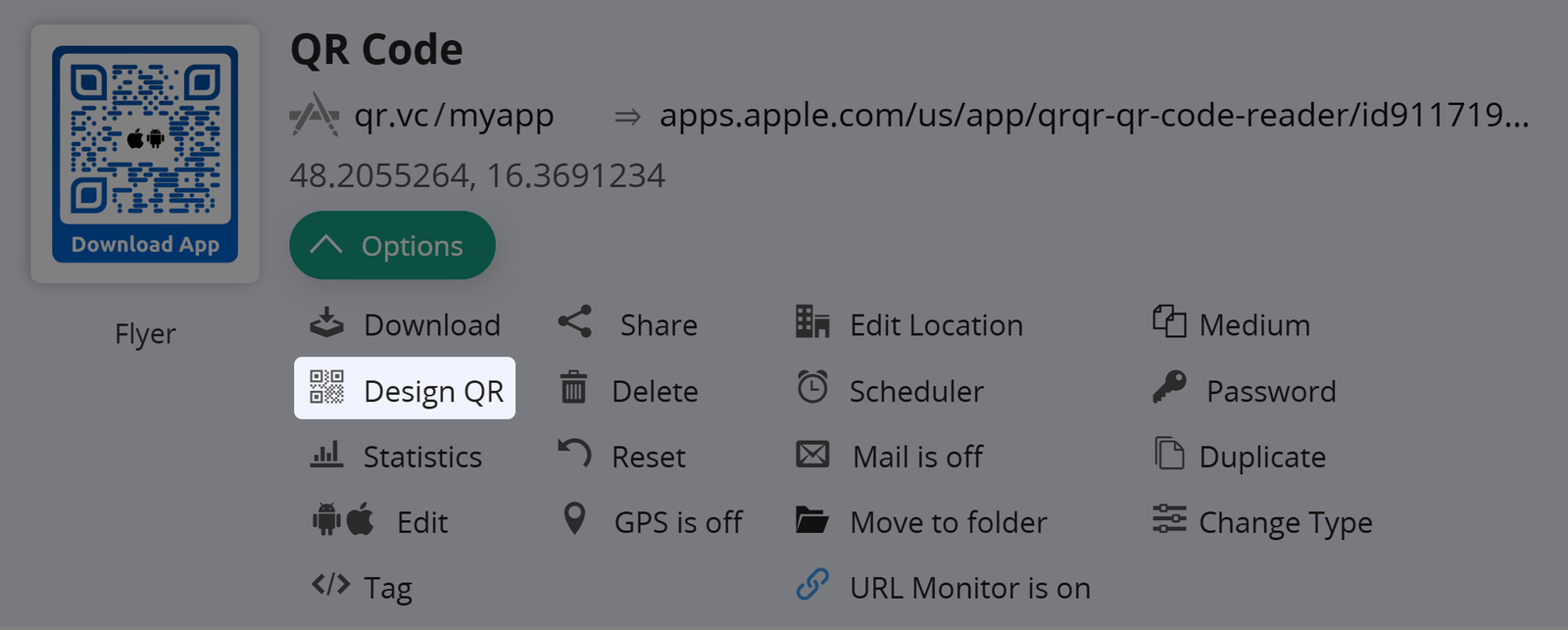 Captura de pantalla del botón "Diseñar QR" en la pestaña Opciones de un Código QR 