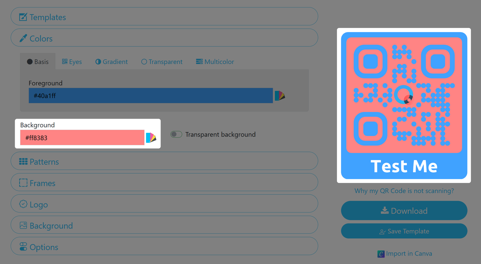 Screenshot of QR Code background color option 