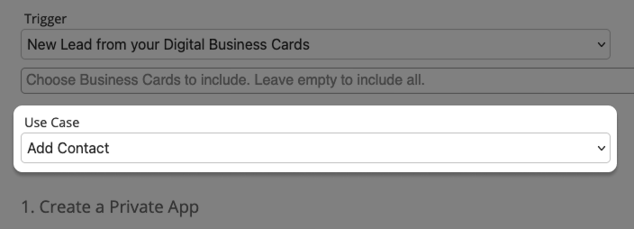 Screenshot: Integration form for Hubspot with highlighted dropdown for "Use Cases"