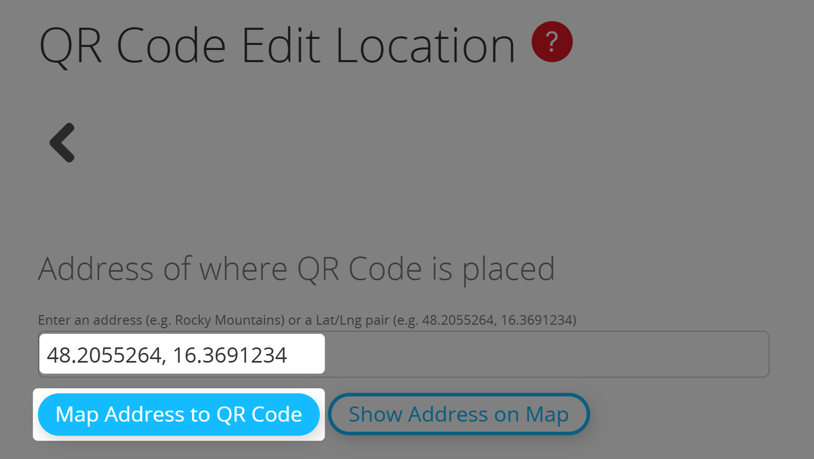 Captura de pantalla del campo de dirección y el botón "Asignar dirección a código QR" en el Editor de Localización de Códigos QR 