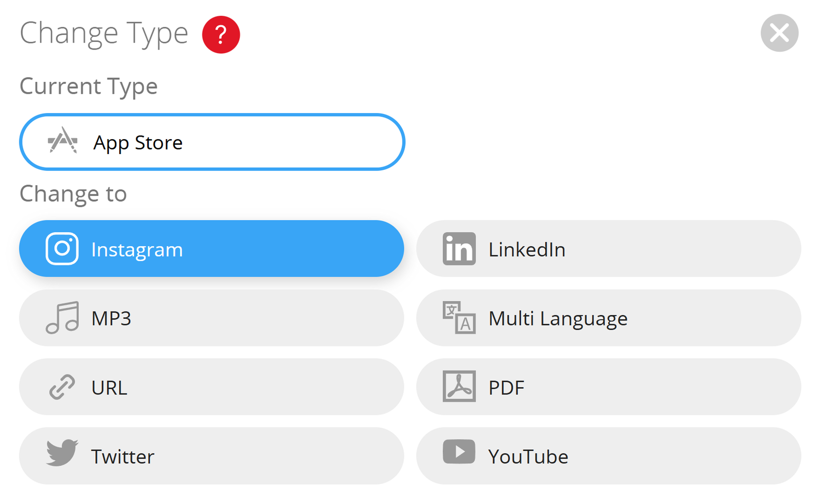 Captura de pantalla de la bandeja "Cambiar tipo de código QR" 