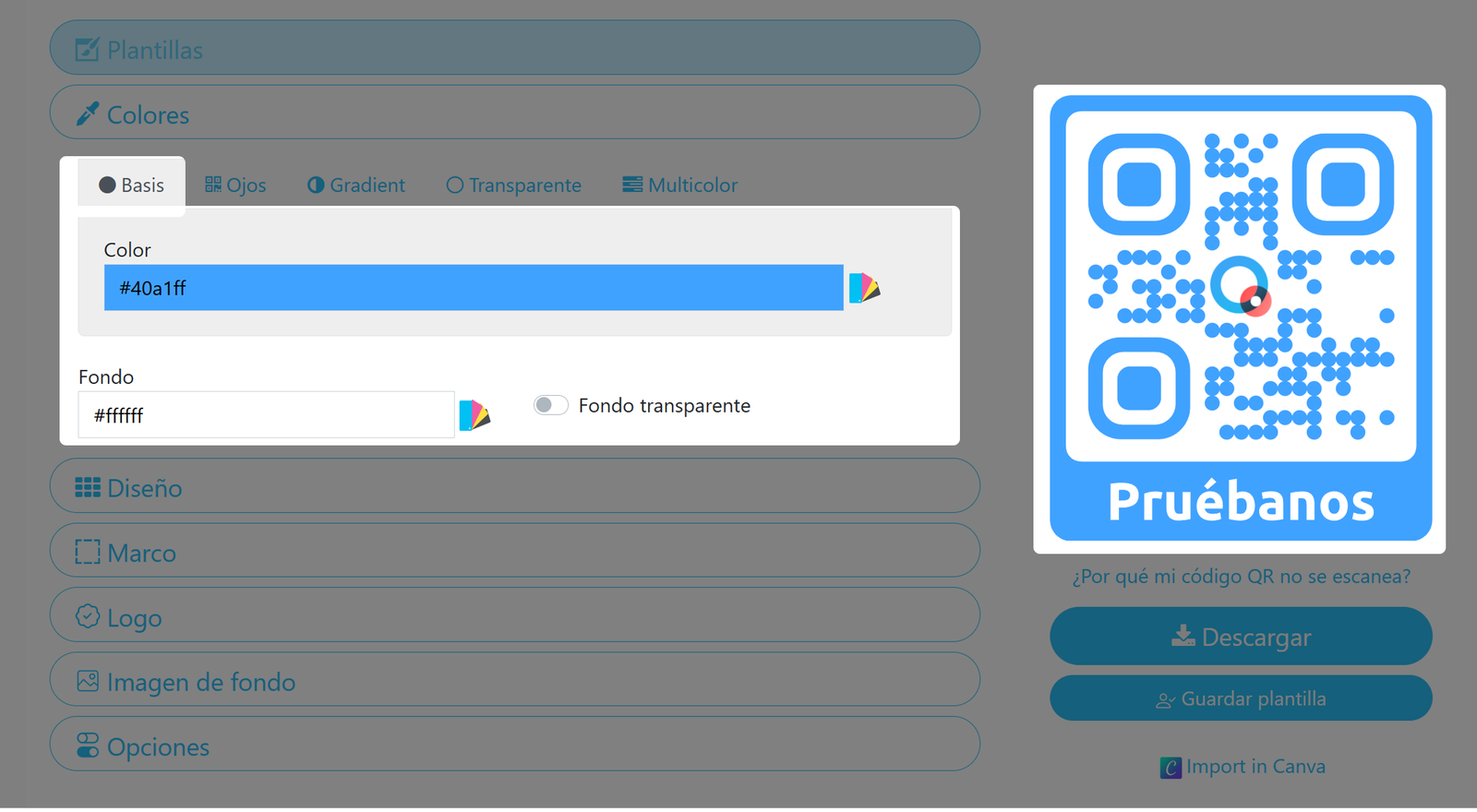 Captura de pantalla del menú «Color básico» del código QR 