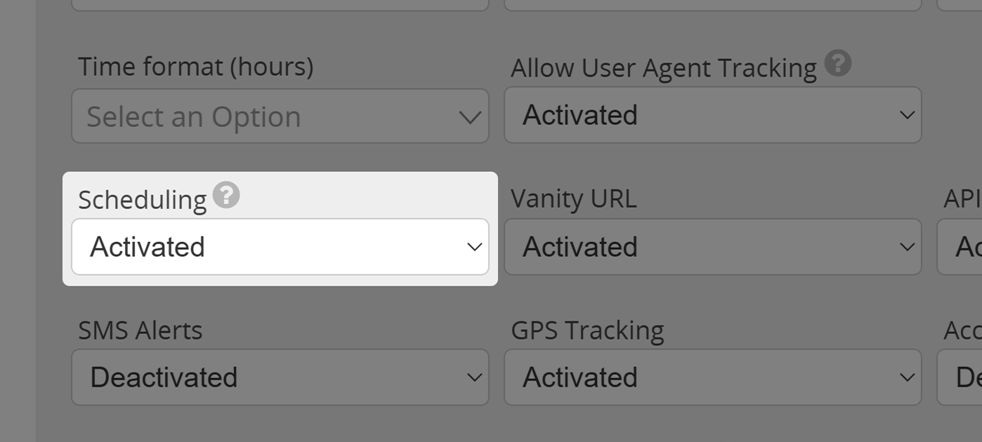 Screenshot of setting "Scheduling" in User Permissions Menu 