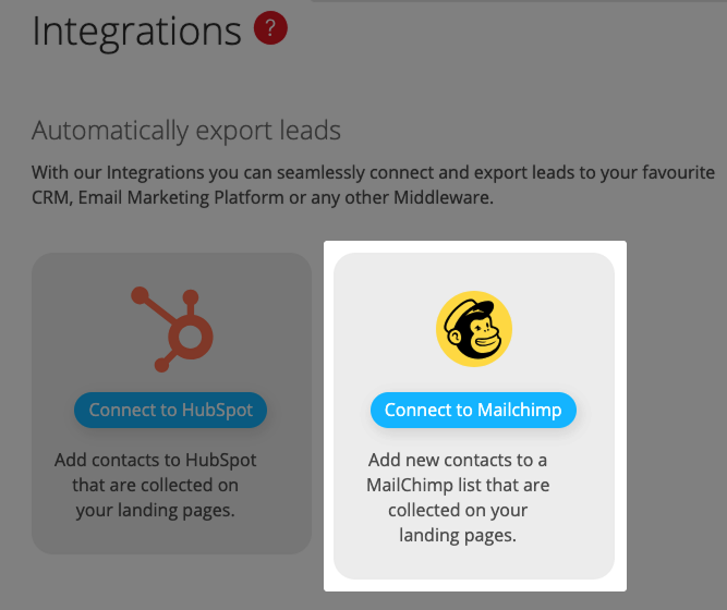 Screenshot: Integration overview with highlighted integration "Connect to Mailchimp"