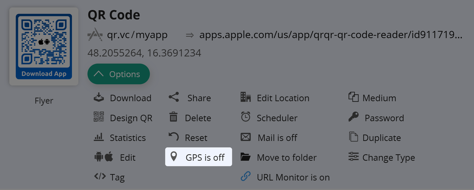 Captura de pantalla del botón "GPS" en la pestaña Opciones de un código QR 