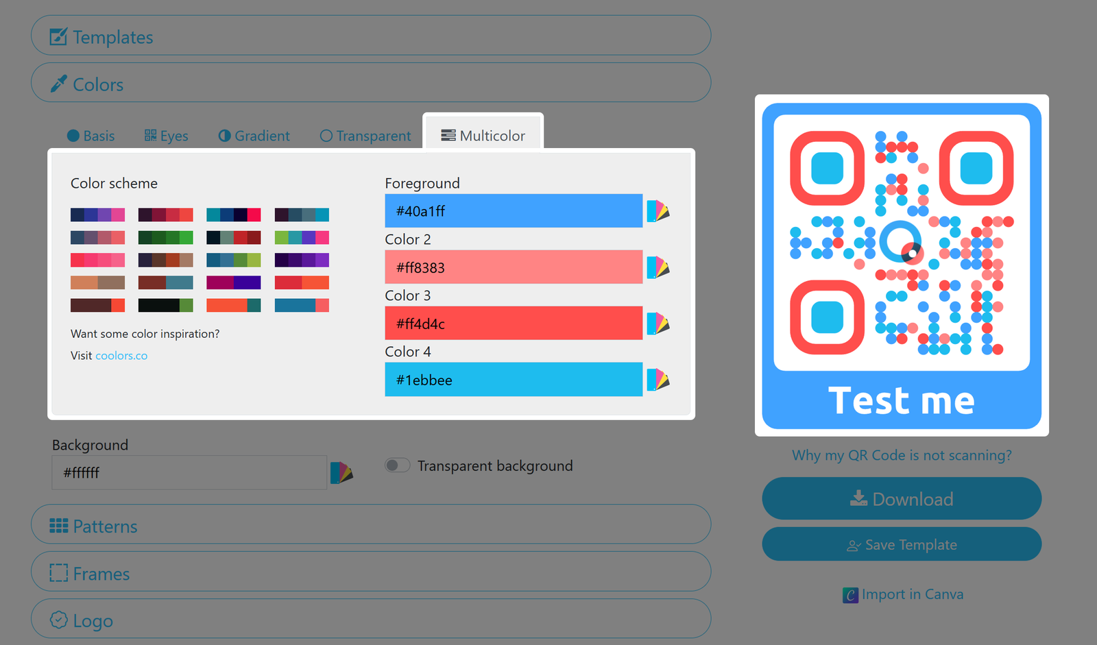 Screenshot of QR Code multicolor menu 