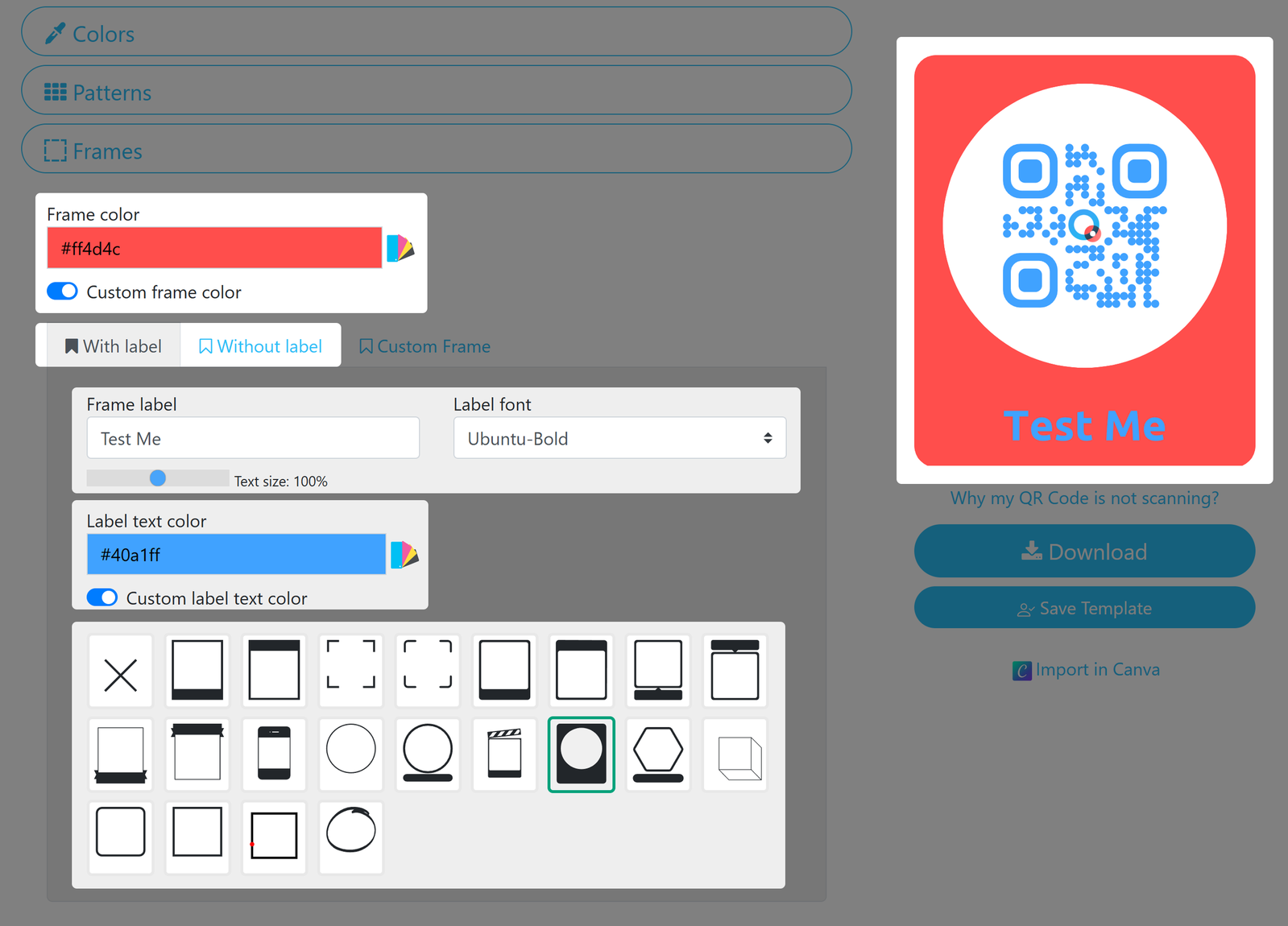 Screenshot of frames tab 
