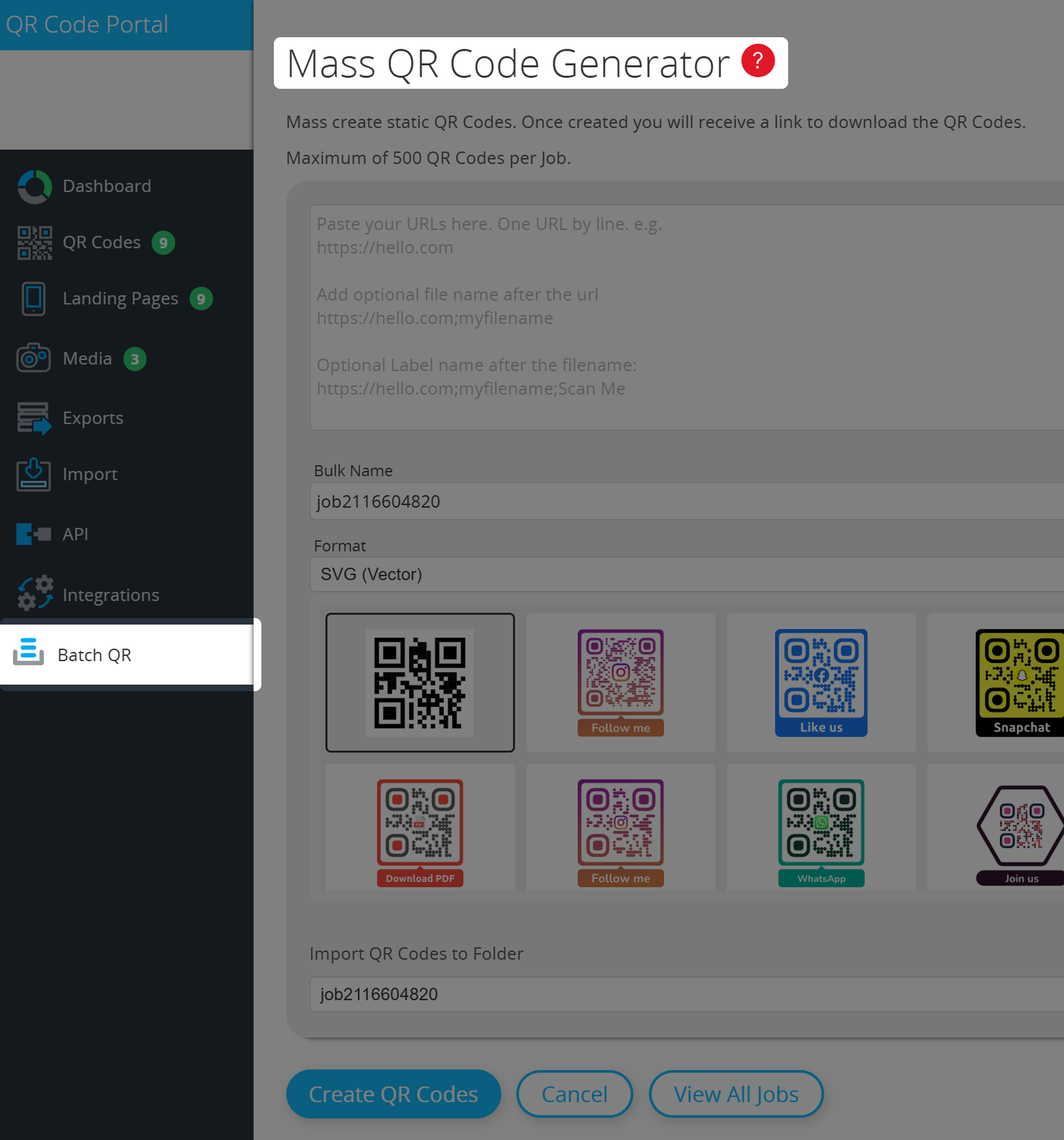Captura de pantalla del Generador Masivo de Códigos QR 