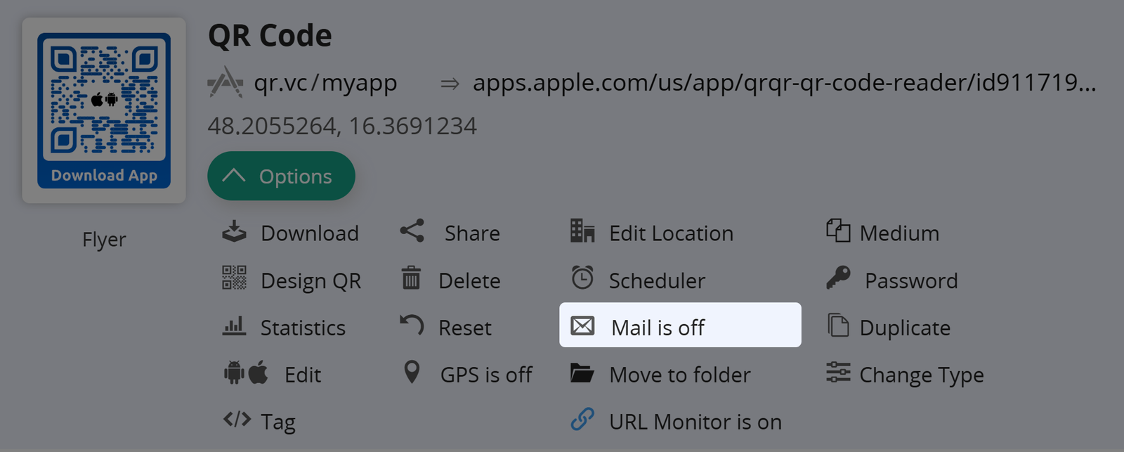 Captura de pantalla del botón "Correo" en la pestaña Opciones de un Código QR 