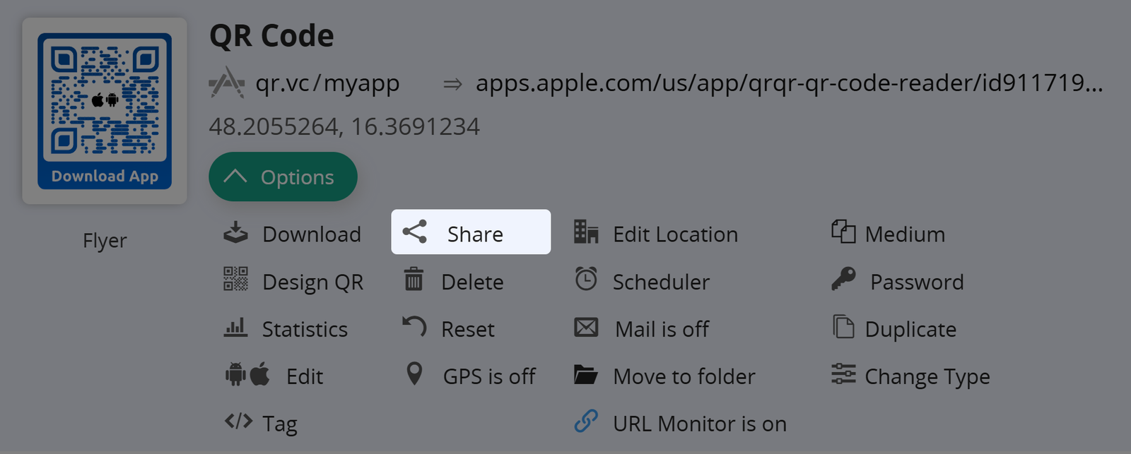 Captura de pantalla del botón "Compartir" en la pestaña Opciones de un Código QR 