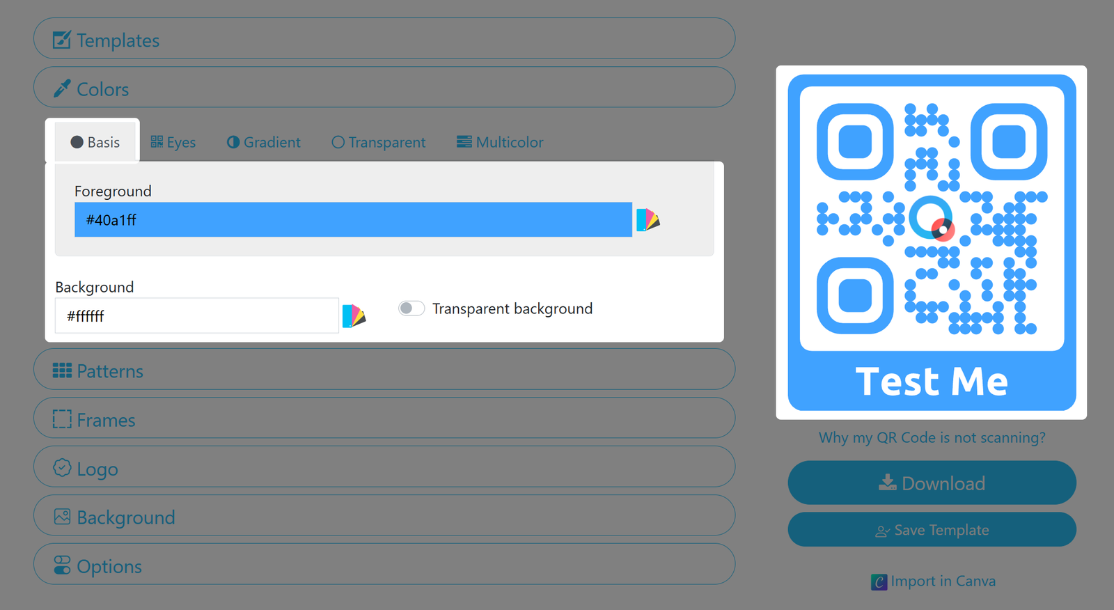 Screenshot of QR Code basic Color menu 