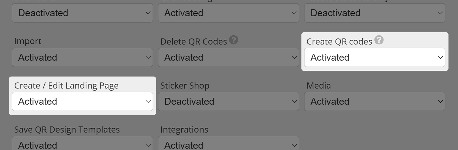 Screenshot of settings "Create QR Codes" and "Create/Edit Landing Pages" in User Permissions Menu 