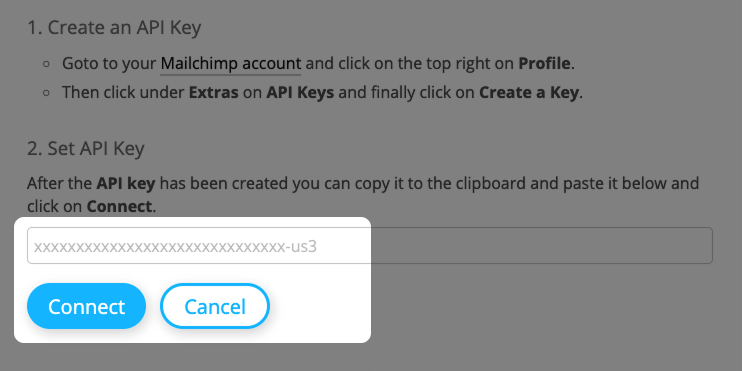 Screenshot: Integration form for Mailchimp with highlighted Mailchimp API Key and "Connect" button