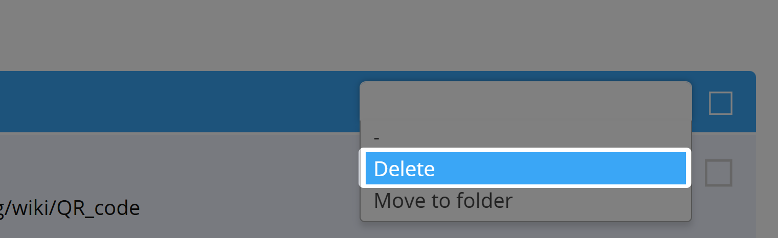 Screenshot of QR Code Actions Drop-Down and option "Delete" on QR Code Overview Page 