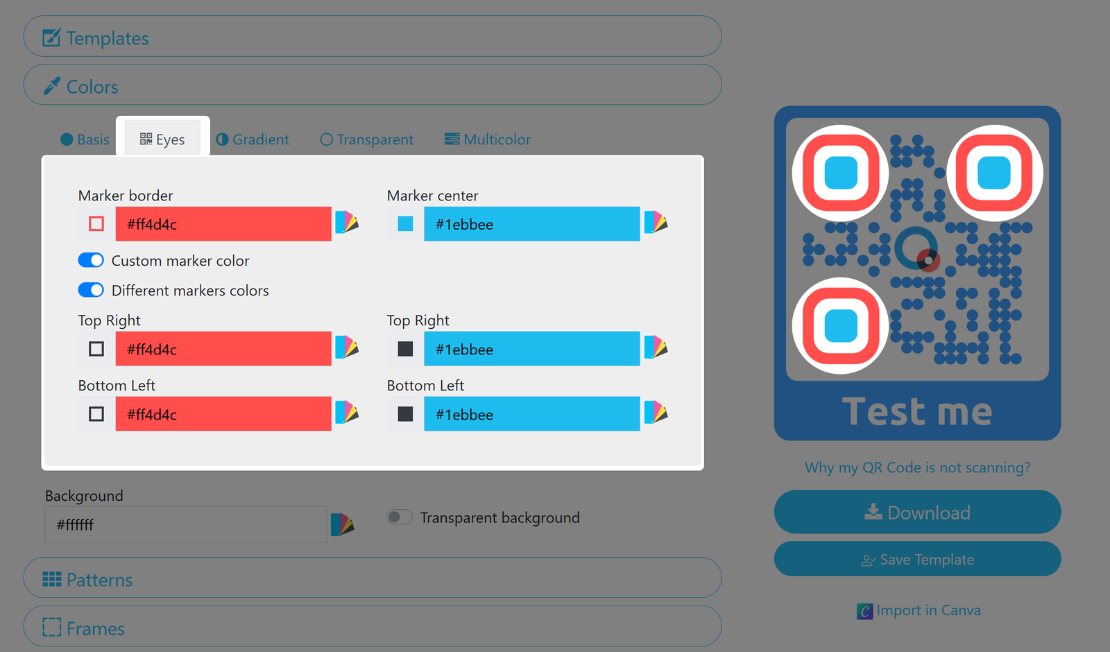 Screenshot of QR Code eye color menu 