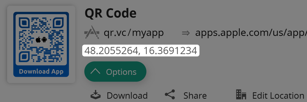 Captura de pantalla de los datos de localización en el panel de información del Código QR. 