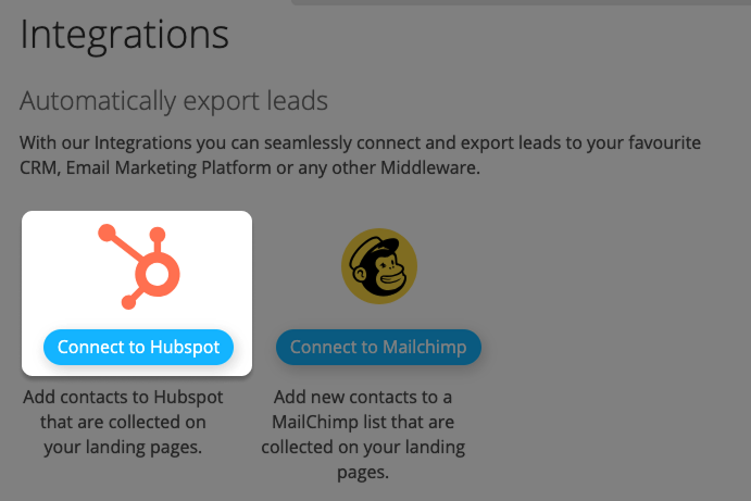 Screenshot: Integration overview with highlighted integration "Connect to HubSpot"