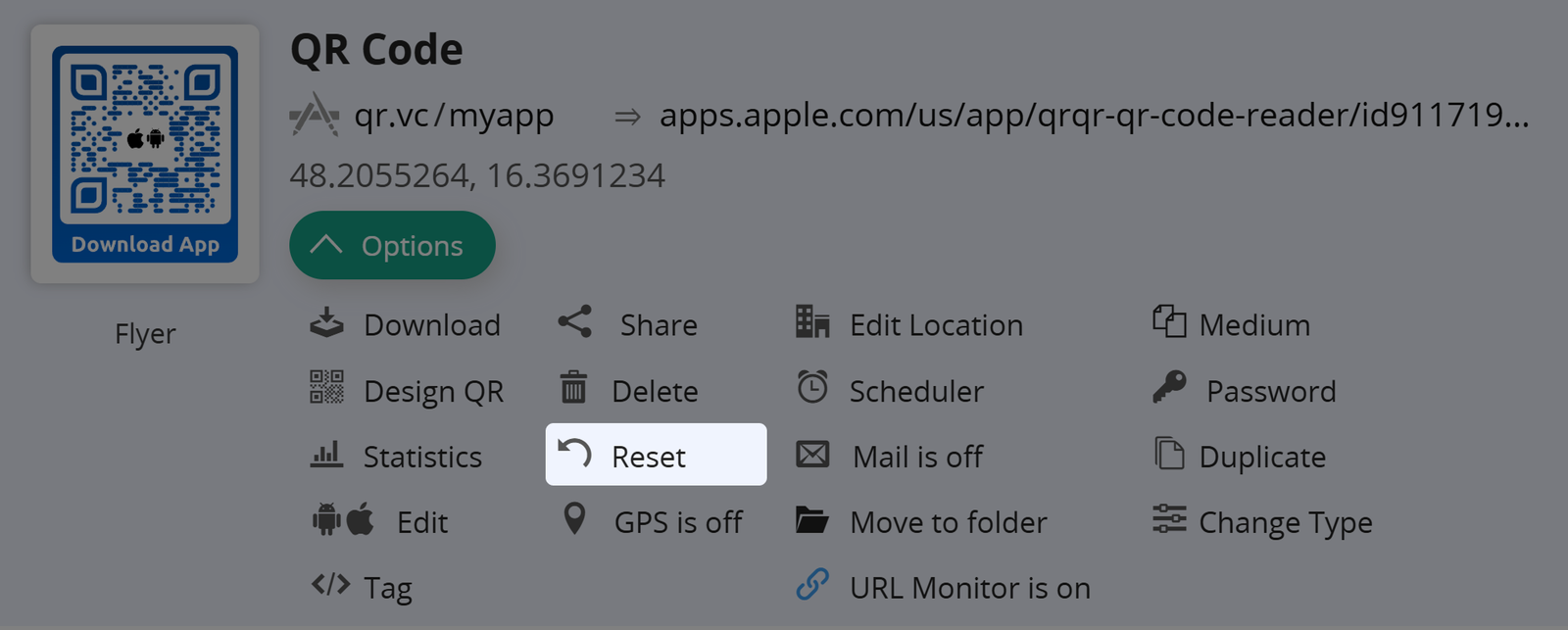Captura de pantalla del botón "Restablecer" en la pestaña Opciones de un código QR 
